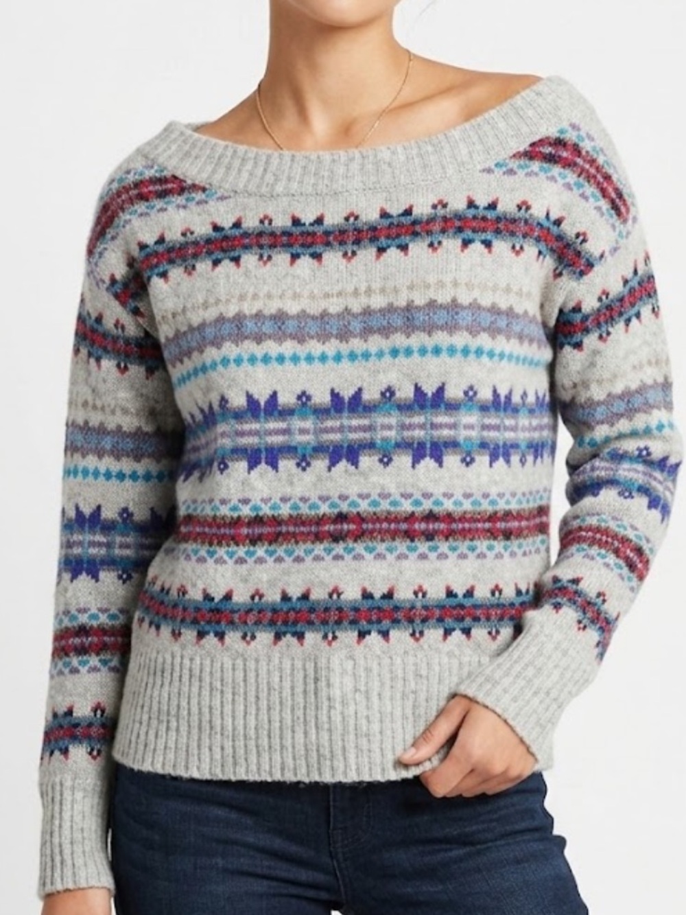 American Eagle Women’s Fair Isle Crewneck Sweater - Light Gray